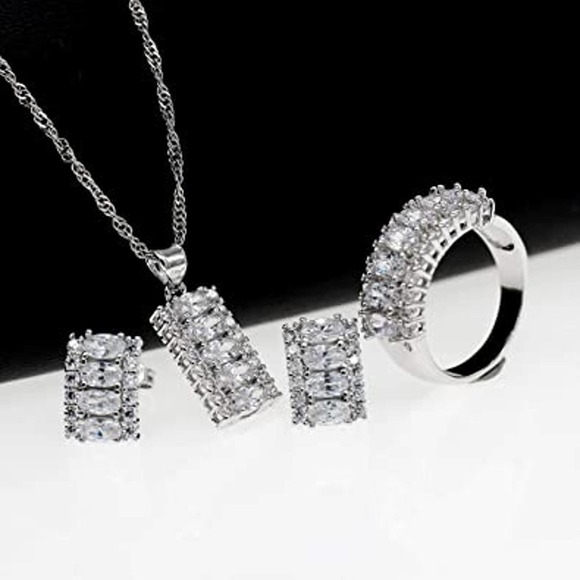 Crystal Necklace Earring Ring Set CZ Cubic Zircon Rhinestone Necklace Earrings - Picture 1 of 8